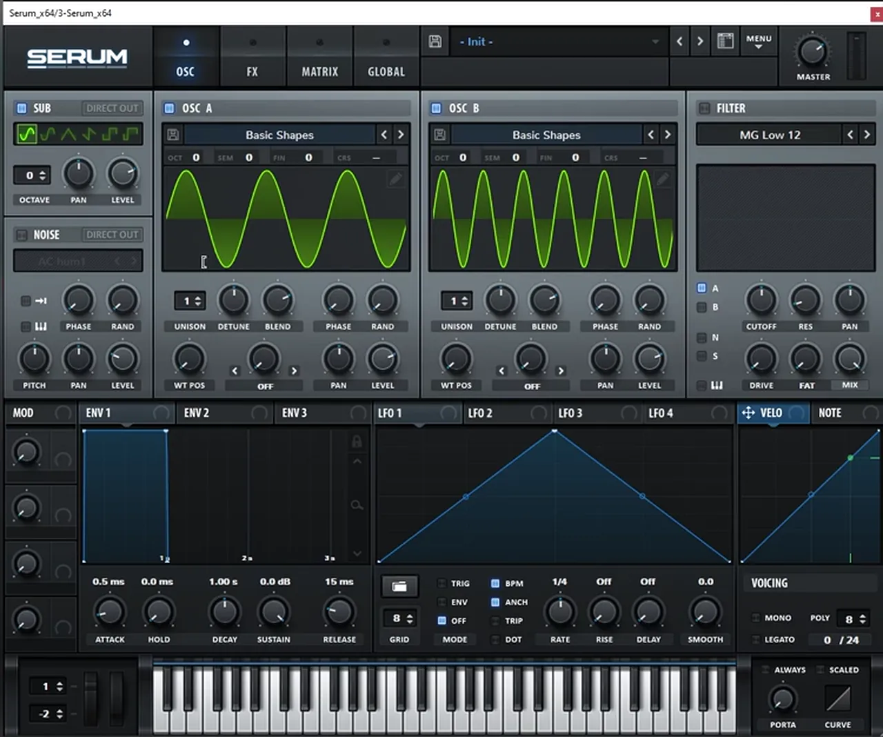 Serum oscillators for a foghorn bass like Skantia Clapper: sub on, oscillator A on harmonic bin 3 and oscillator B on bin 6