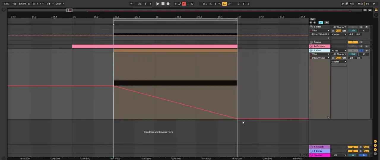 Ableton Live automation lane for Vital's pitch wheel, ramping down across the note to bend a Bou and Mark XTC Breathe-style bass down two semitones