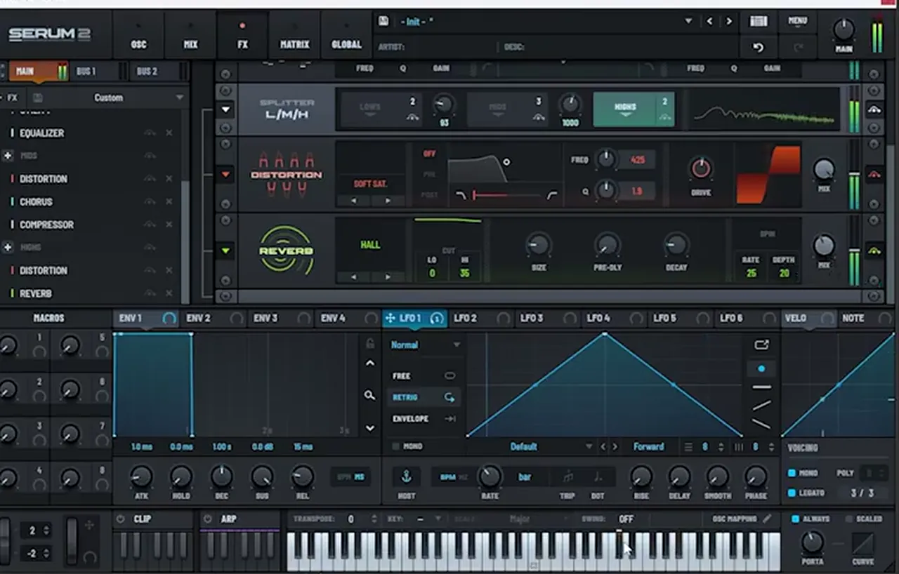 Serum 2 high band chain: Soft Sat distortion followed by a Hall reverb with small size and short decay