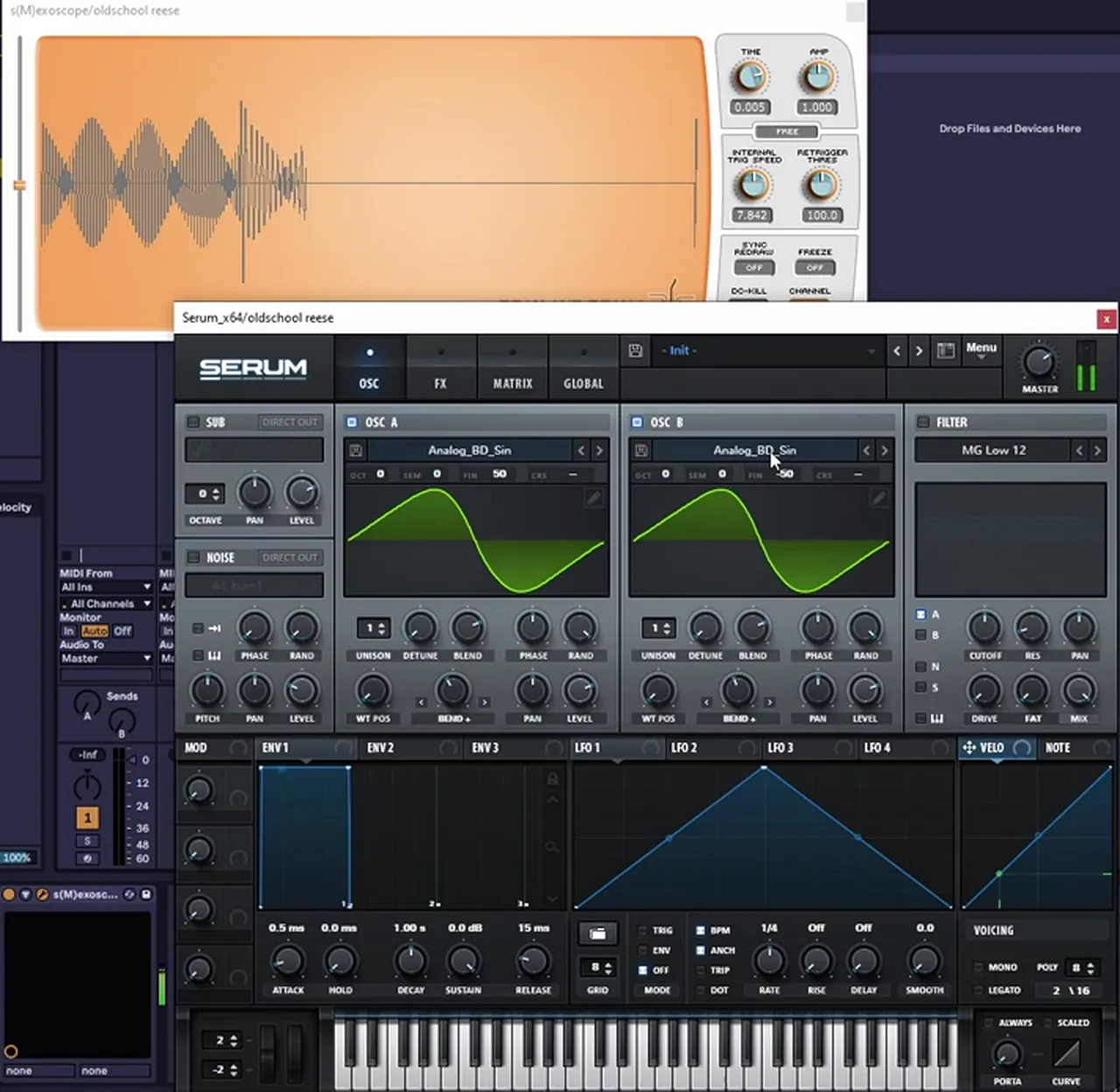 Old-school jungle reese bass in Serum: two Analog BD sine oscillators detuned plus and minus 50 with Bend warp mode, oscilloscope above