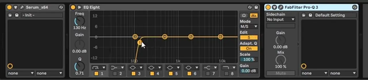 Ableton EQ Eight in M/S mode cutting low end from the side channel only after the Serum liquid bass