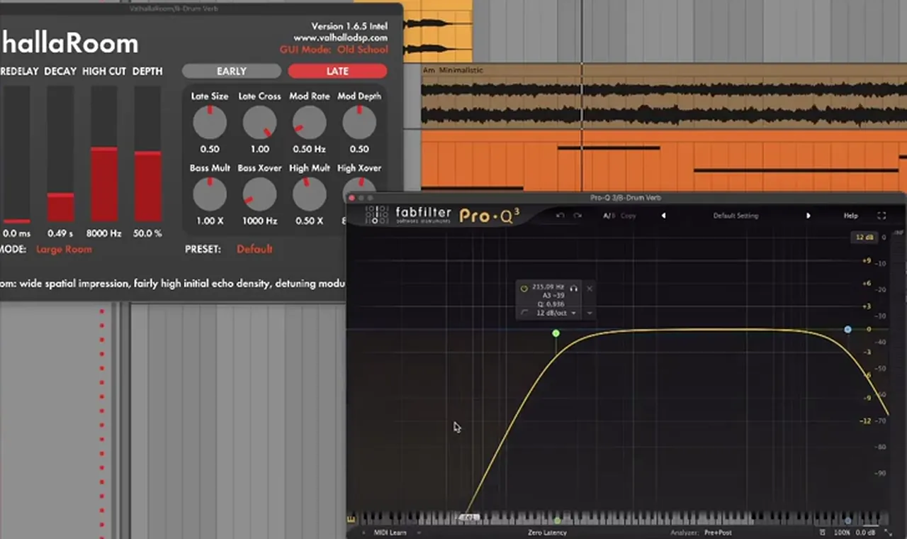 ValhallaRoom drum reverb send for liquid DnB in Large Room mode with 0.0 ms predelay, 0.49 s decay, 8000 Hz high cut and 50 percent depth, followed by a FabFilter Pro-Q 3 low and high cut