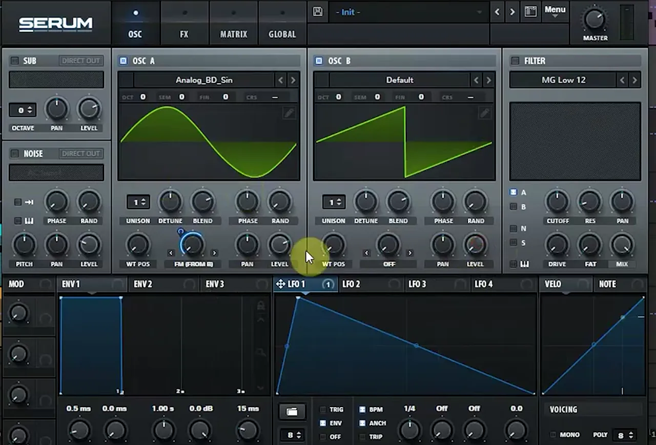 Current Value's response bass in Serum: oscillator A on Analog_BD_Sin with FM from B warp, oscillator B saw turned down, LFO 1 in envelope mode at 1/4 mapped to the FM amount