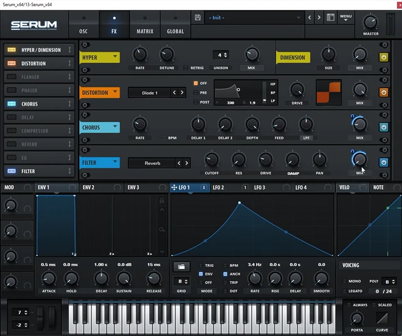 Serum FX chain for an Annix Boomerang inspired jump up bass: Hyper Dimension, Distortion in Diode 1 mode, Chorus and a Filter in Reverb mode