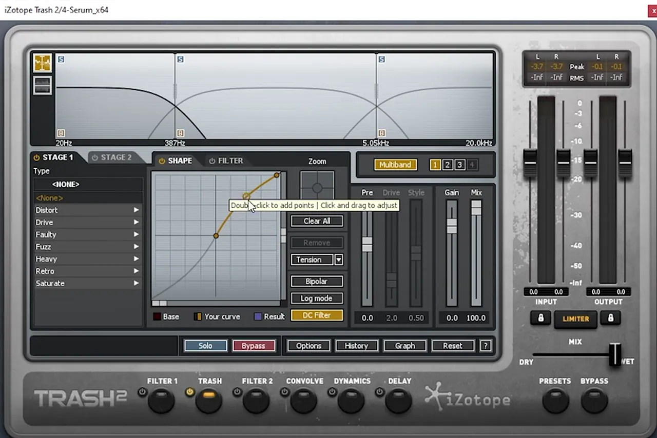 iZotope Trash 2 in multiband mode on the first Bou Poison style bass: bands split at 387 Hz and 5.05 kHz with a custom curve boosting the low band