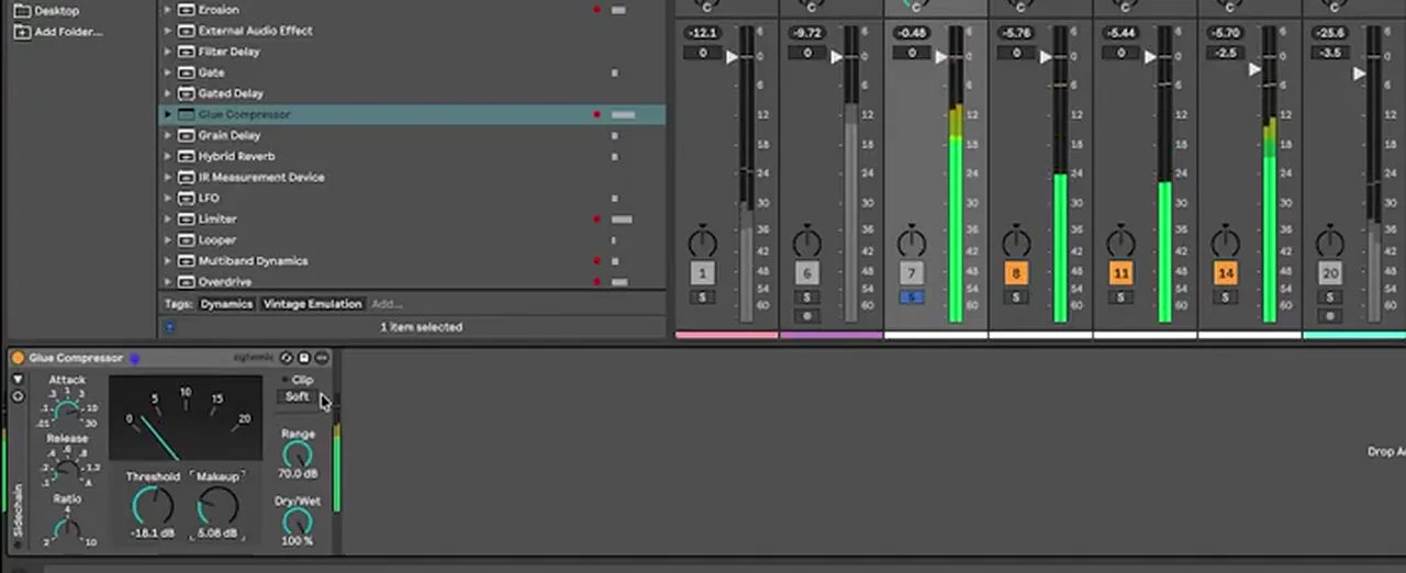 Ableton Glue Compressor on a DnB drums group with threshold -18.1 dB, makeup 6.08 dB and soft clip on
