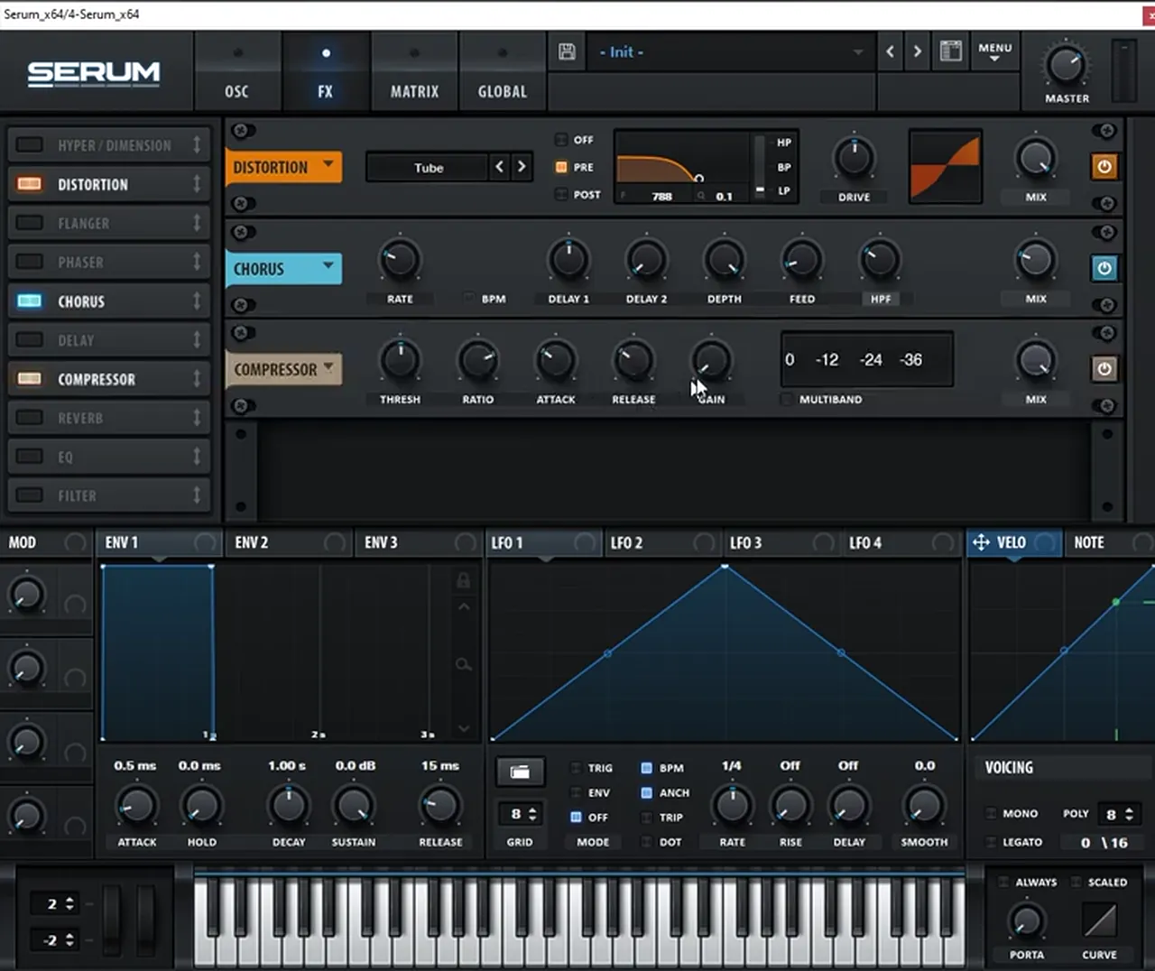 Serum FX rack for a bass like Bou Poison: Tube distortion in pre mode with a low-pass at 788 Hz, a chorus with the high-pass filter on, and a compressor