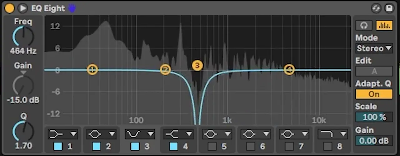 Ableton EQ Eight with a narrow notch at 464 Hz, -15 dB and Q 1.70 on a jump up bass inspired by Annix Boomerang
