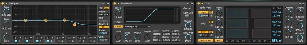 Ableton chain for a Nagow-style foghorn bass: a second EQ Eight with a high shelf at 3.03 kHz cut by 4.83 dB, the Saturator, and OTT with time at 1000 percent