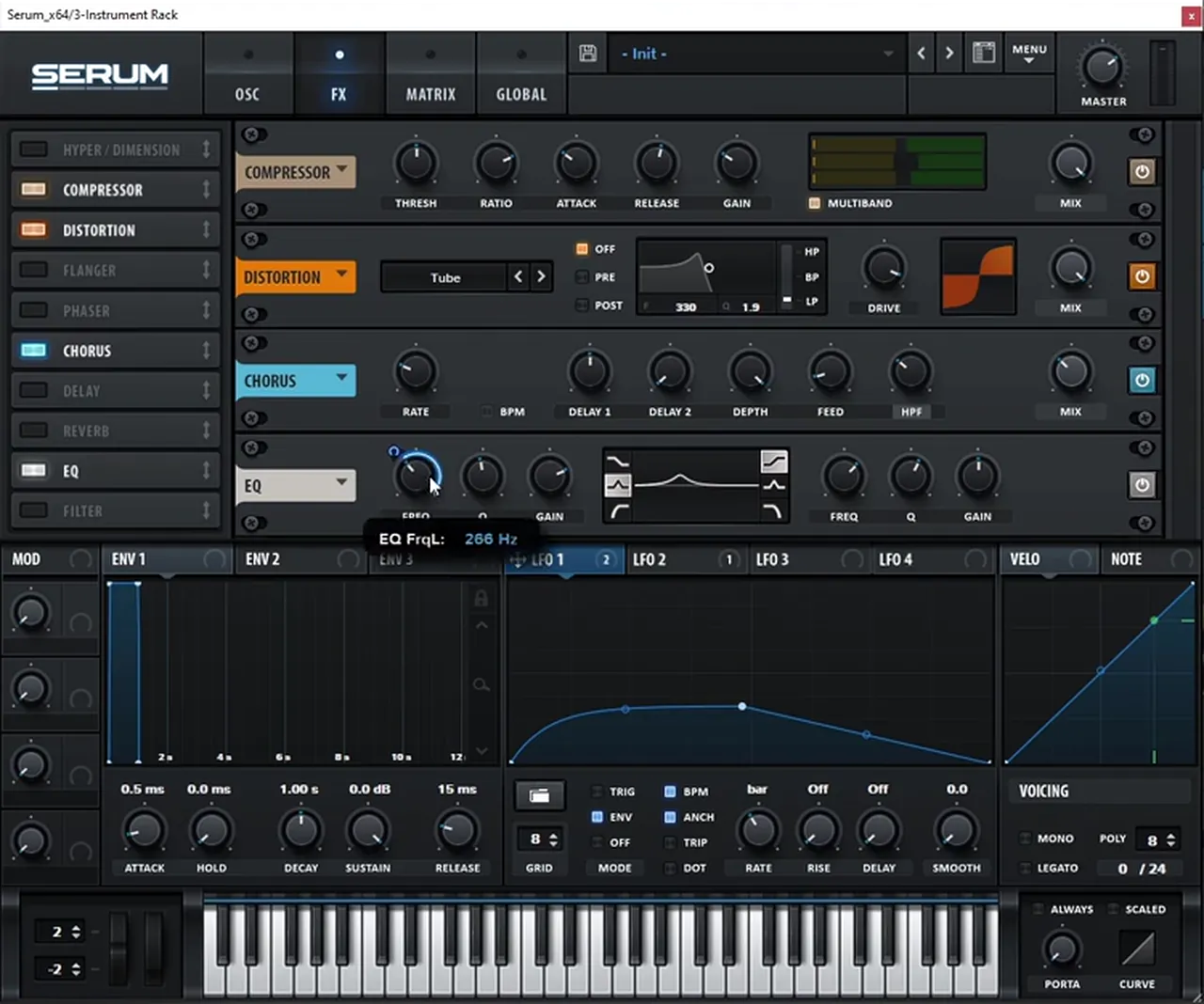 Serum EQ effect with the low bell frequency around 266 Hz modulated by LFO 1, adding movement to the lower harmonics of a foghorn bass