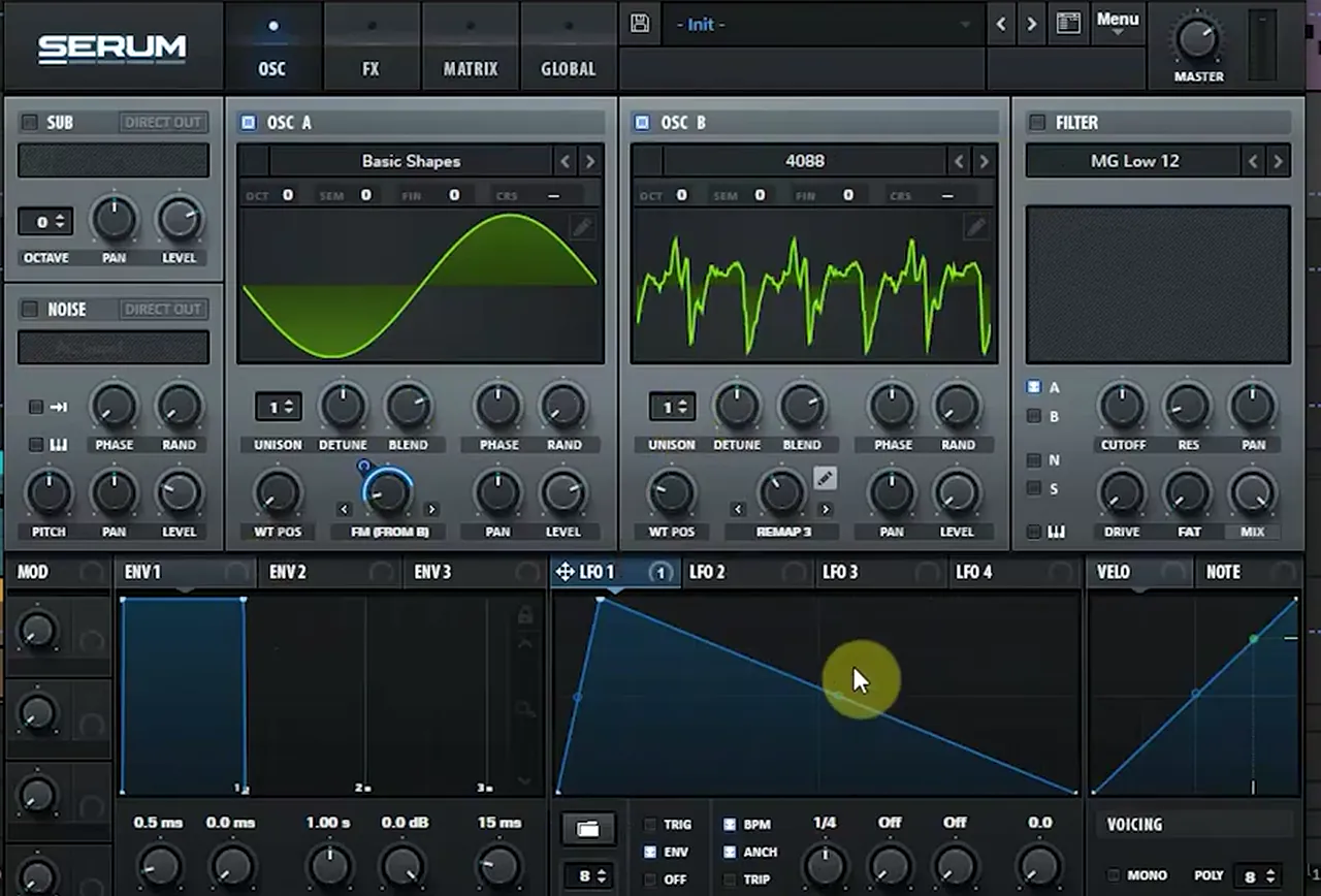 Serum FM bass: Basic Shapes sine on oscillator A in FM from B mode, the 4088 wavetable on oscillator B with Remap 3 warp, LFO 1 in ENV mode