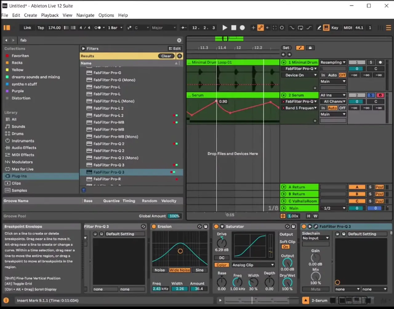 Ableton Live arrangement with drawn automation on FabFilter Pro-Q 3 band 1 frequency on a deep minimal bassline