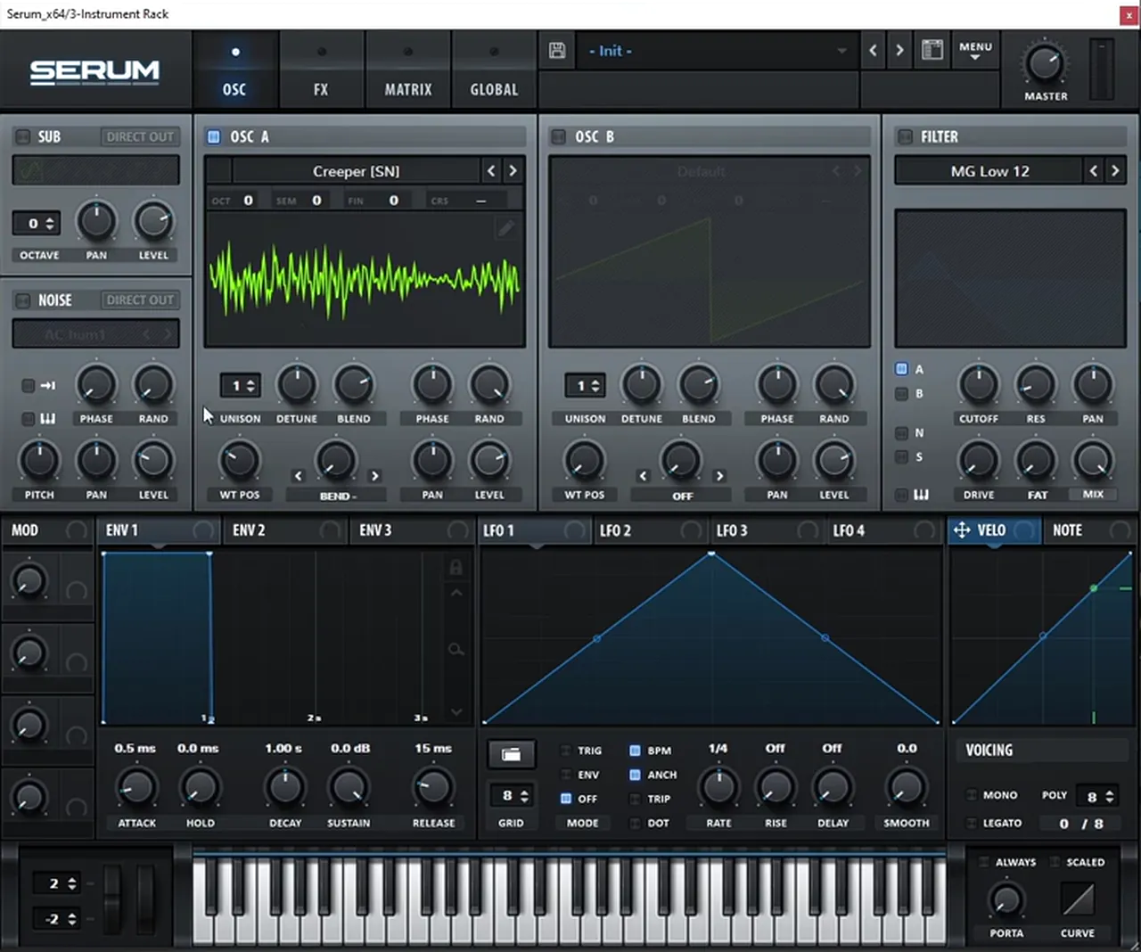 Serum oscillator A with the Creeper SN spectral wavetable and the Bend minus warp mode, the starting point of a foghorn bass like IMANU and Buunshin Nagow