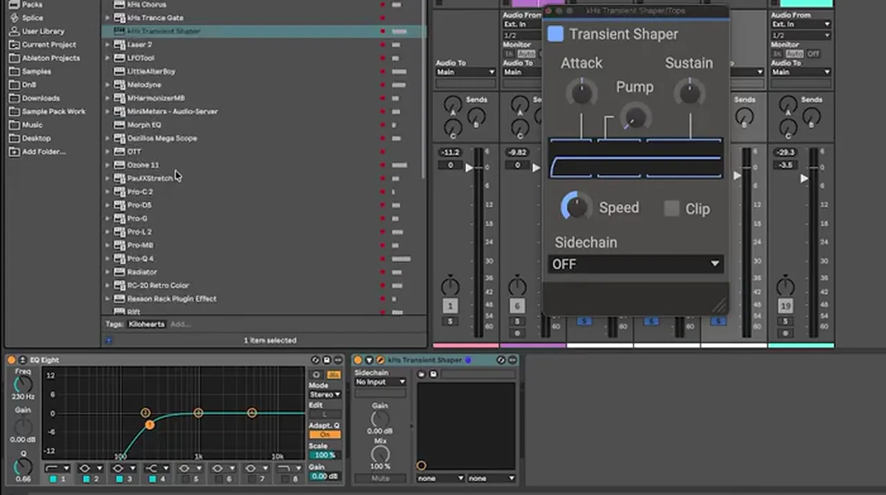 EQ Eight high-passing a DnB top loop group at 230 Hz in Ableton, with a Kilohearts Transient Shaper on the same group