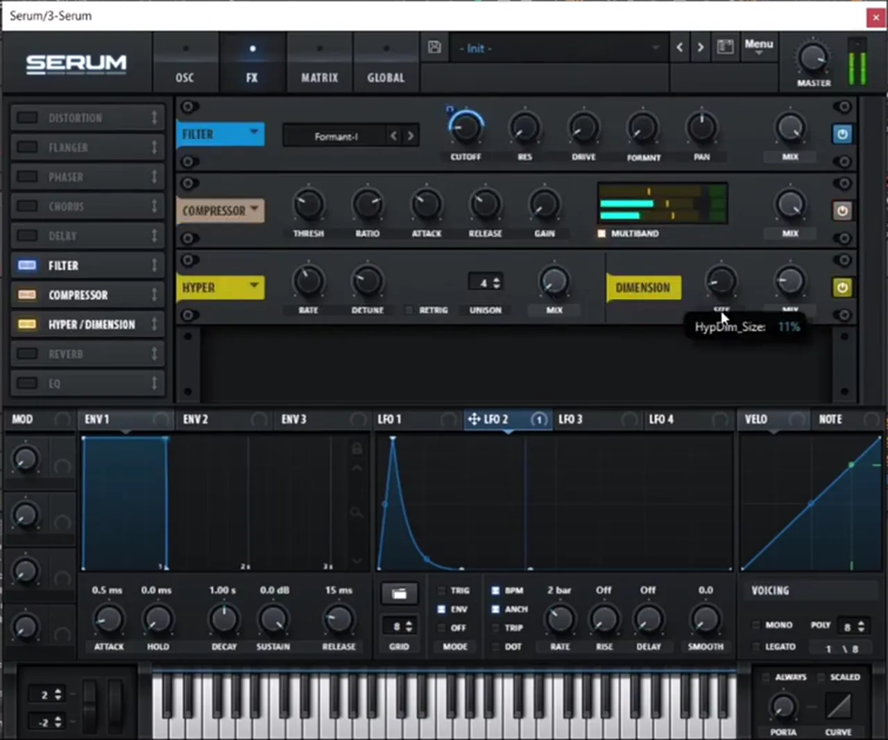 Serum FX tab for a jump up formant bass: Filter set to Formant-I, multiband compressor and Hyper Dimension, with LFO 2 in envelope mode at 2 bars