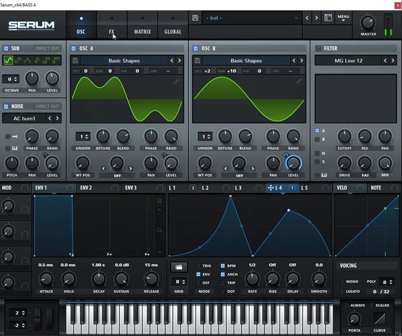 Serum bass like Monty’s F4DE: oscillator B sine tuned +2 octaves and +10 semitones for the 7th harmonic, with a copied LFO in envelope mode on its level