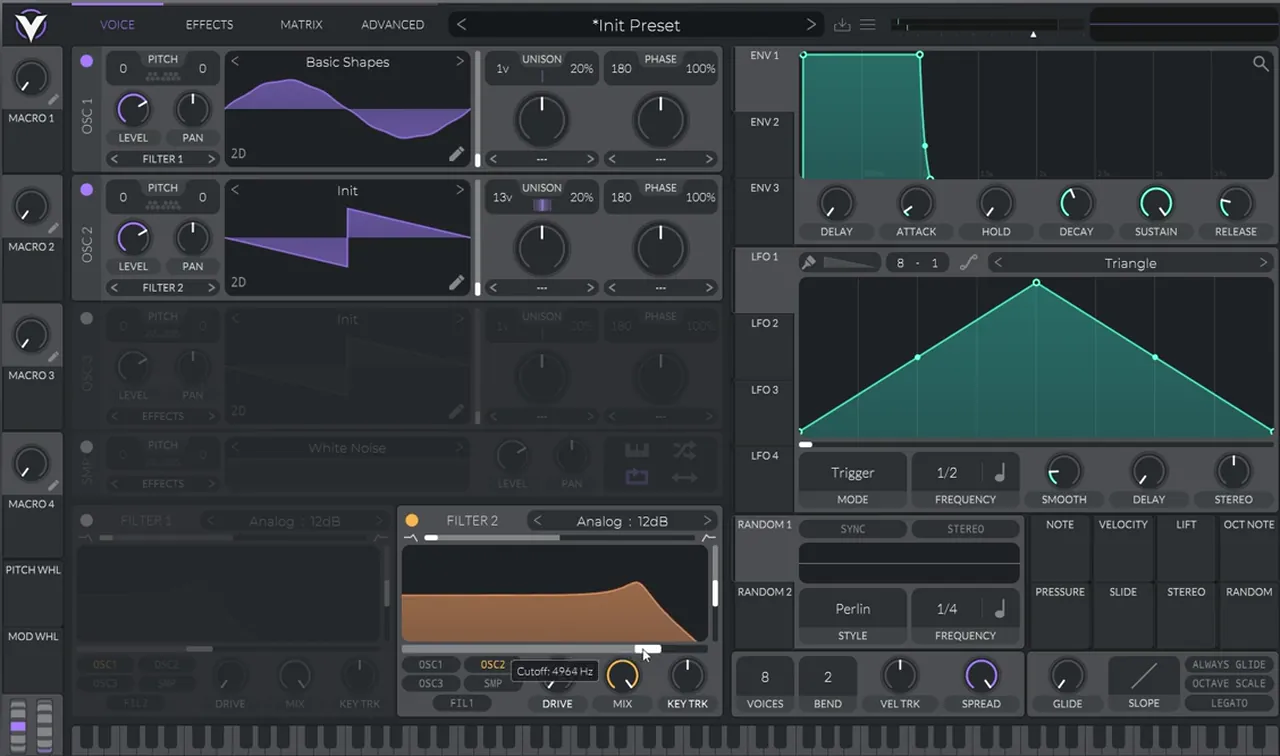 Vital oscillator 2 saw wave with 13 unison voices routed into filter 2