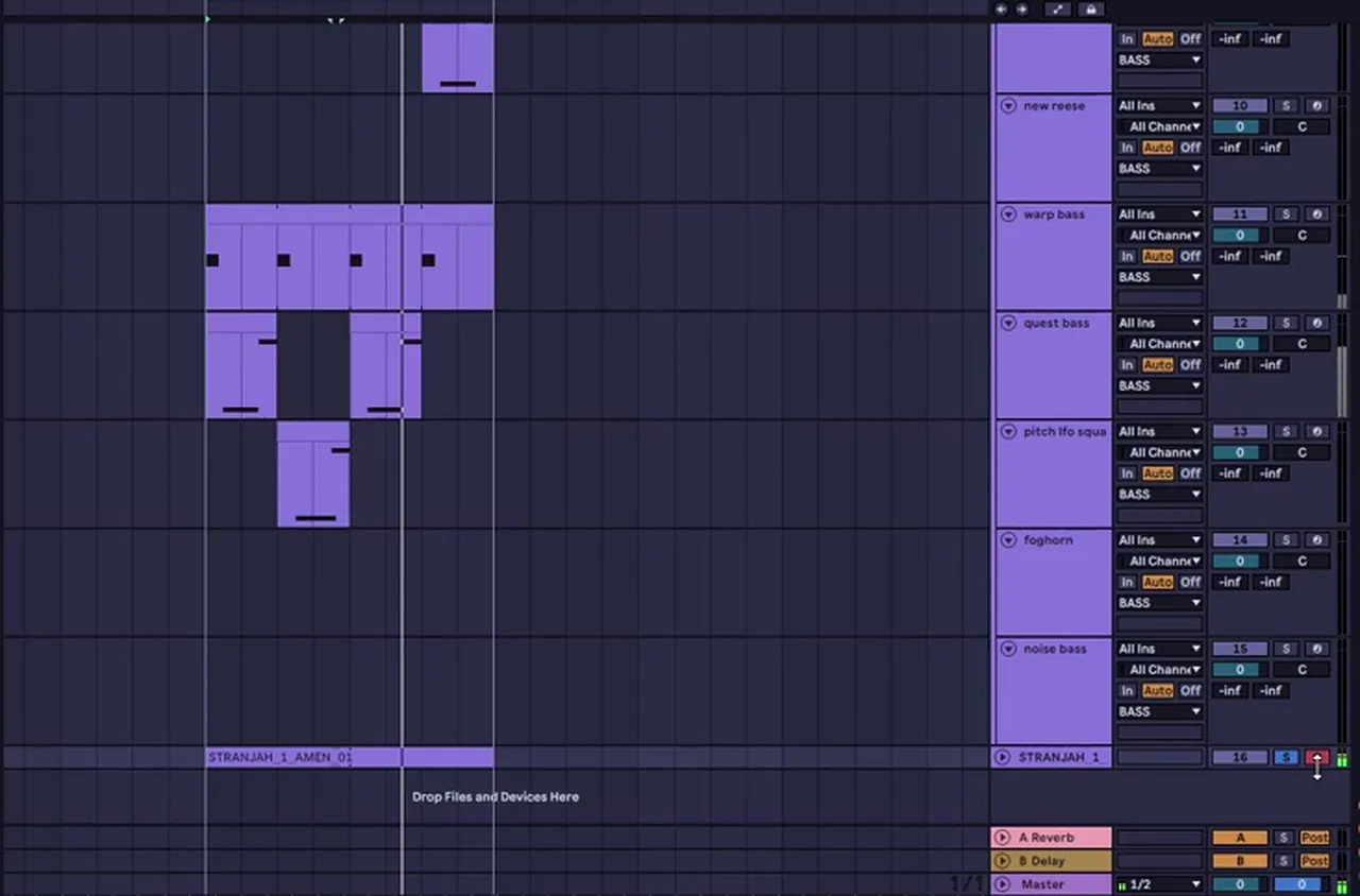 Ableton arrangement with jungle basses in call and response: warp bass, quest bass and pitch LFO square clips alternating over a sliced Amen track