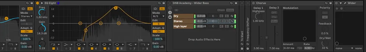 Ableton Main Bass group for a bass like Mefjus Hear Me: EQ Eight in M/S mode boosting 1.60 kHz by 14.3 dB, a widening rack with Dry, Stereo and High layer chains, Chorus with a 1 kHz highpass and Wider