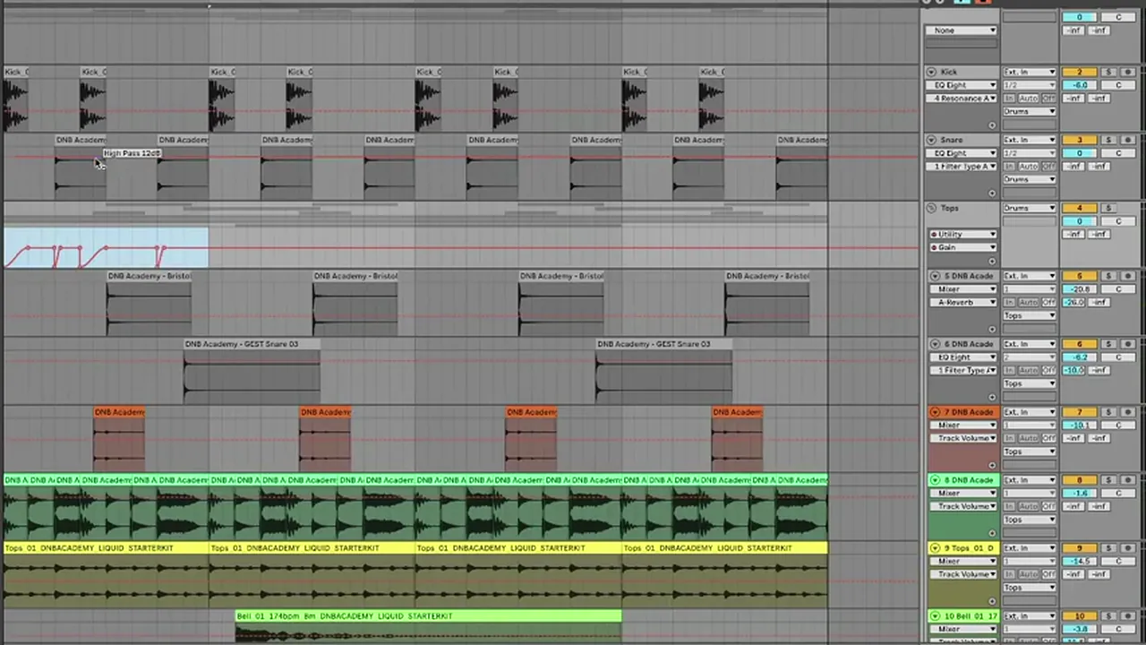 Ableton Live Utility gain automation drawn on the tops group of a liquid DnB beat, with dips at each kick