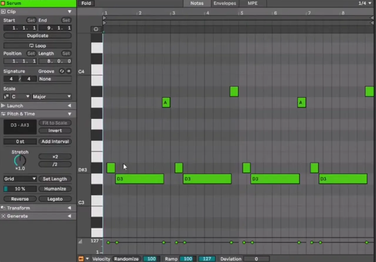Ableton piano roll with a deep jump up bassline at 174 BPM: short D sharp 3 notes sliding into long D3 notes, answered by A3 and A sharp 3 stabs
