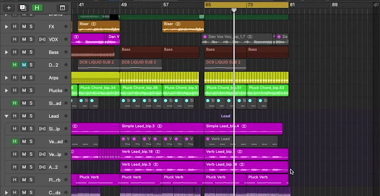 Logic Pro Lead folder opened in a dancefloor DnB arrangement, with simple lead, verb lead and pluck verb tracks across bars 41 to 81
