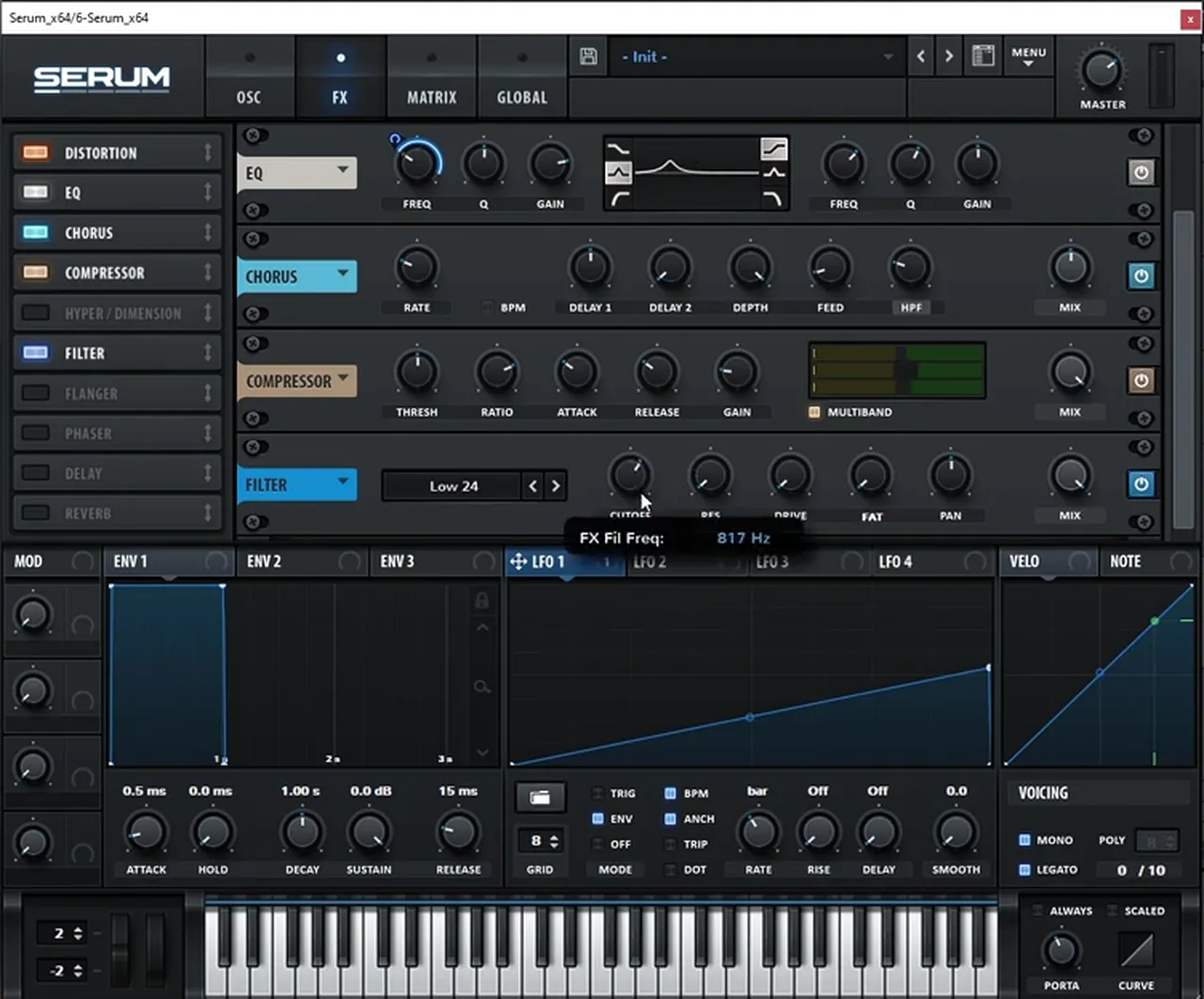 Serum filter effect set to Low 24 with the cutoff at 817 Hz, after chorus and multiband compressor