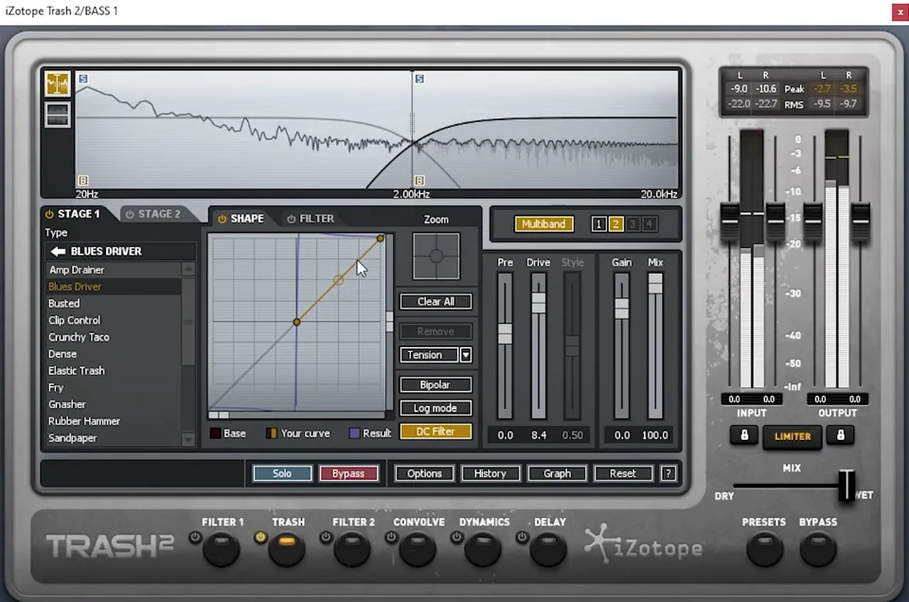 iZotope Trash 2 in multiband mode on a Monty style Serum bass: two bands split at 2 kHz, Blues Driver on the high band with drive 8.4