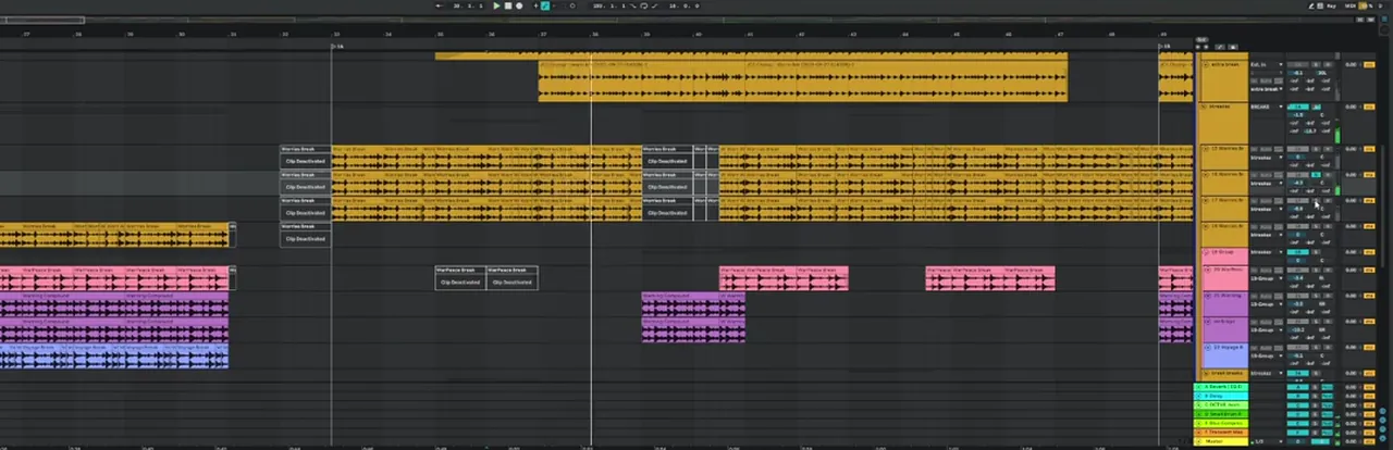 Octavate Straight Up Ableton arrangement: the main jungle break duplicated on three tracks with pitched copies, plus reply breaks at the ends of phrases