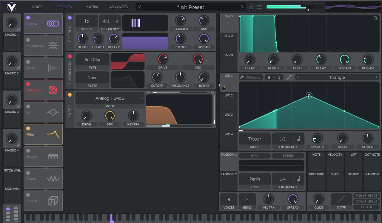 Vital effects: Chorus with 16 voices, Distortion on Soft Clip and an Analog 24 dB filter, with LFO 1 shaping a slow cutoff movement, for a deep bass like Skeptical Desire