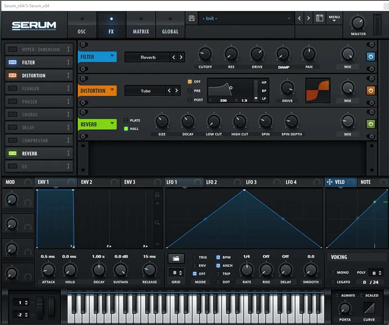 Serum FX rack for a foghorn bass like Skantia Clapper: Reverb filter, Tube distortion and Hall reverb
