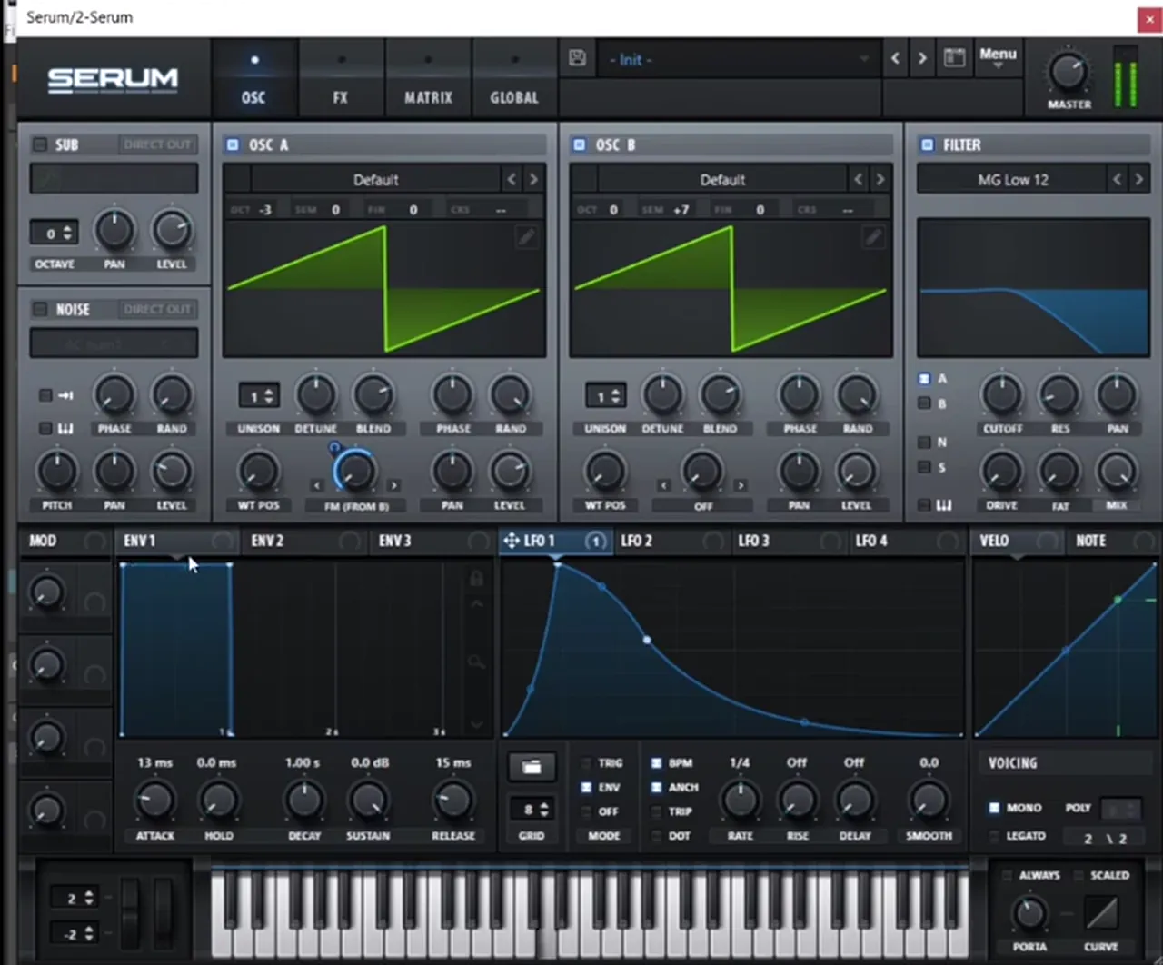 Serum deep jump up FM bass: oscillator A saw at octave -3 with FM from B warp mode modulated by LFO 1, oscillator B saw at +7 semitones, LFO 1 in envelope mode