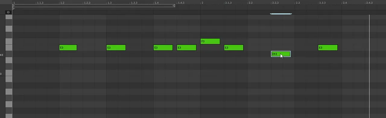Ableton piano roll with a two-bar classic jump up bass riff: E3 stabs in the first bar, answered by F3, E3 and D sharp 3 in the second bar