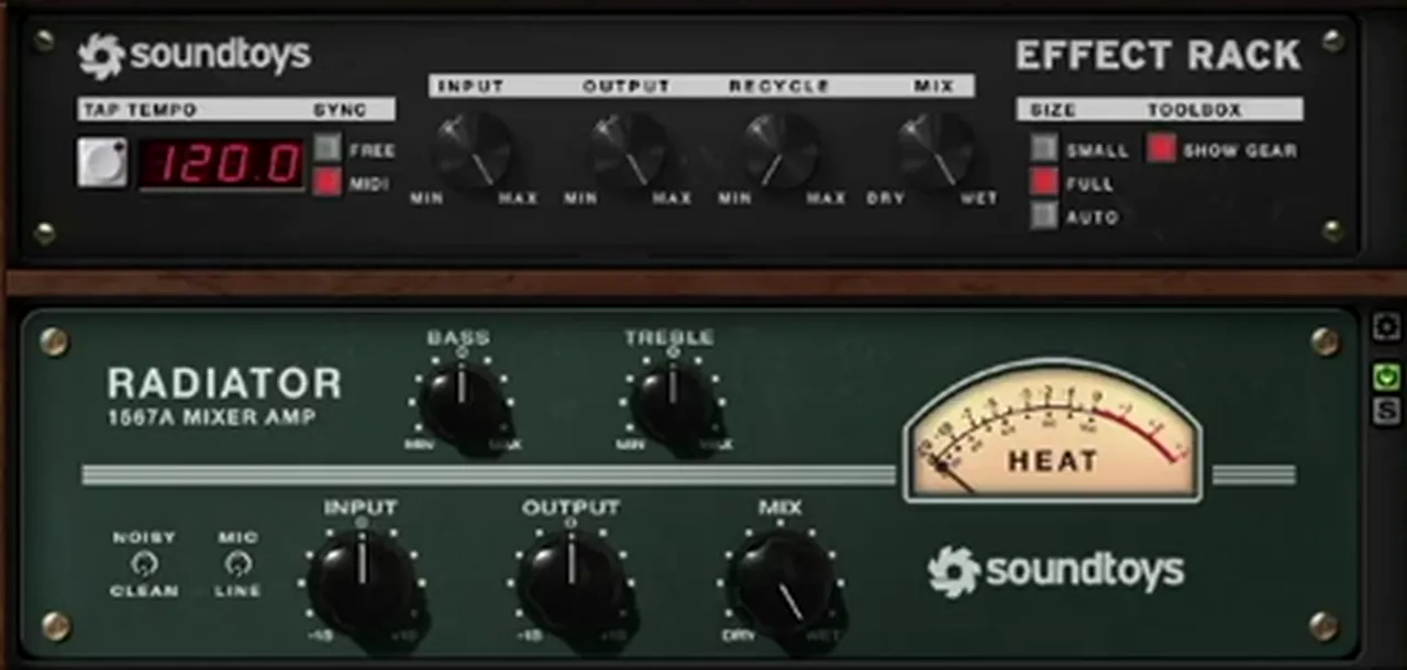 Soundtoys Effect Rack with Radiator 1567A mixer amp on a drum and bass lead vocal for preamp distortion and grit