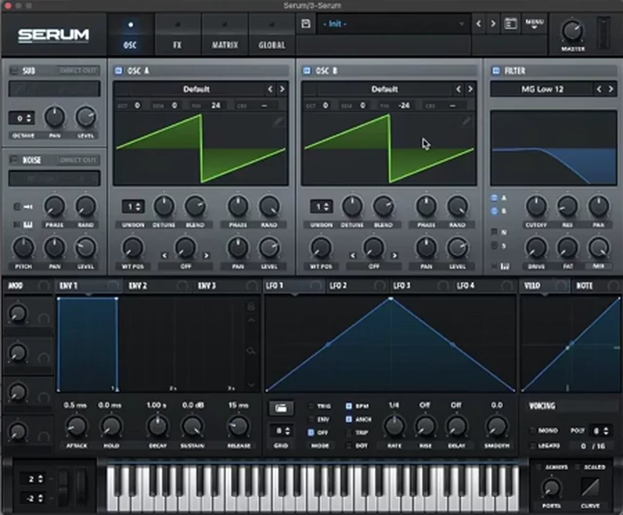 Serum reese bass for liquid drum and bass: Osc A and Osc B default saw waves detuned +24 and -24, unison off, MG Low 12 filter with key tracking