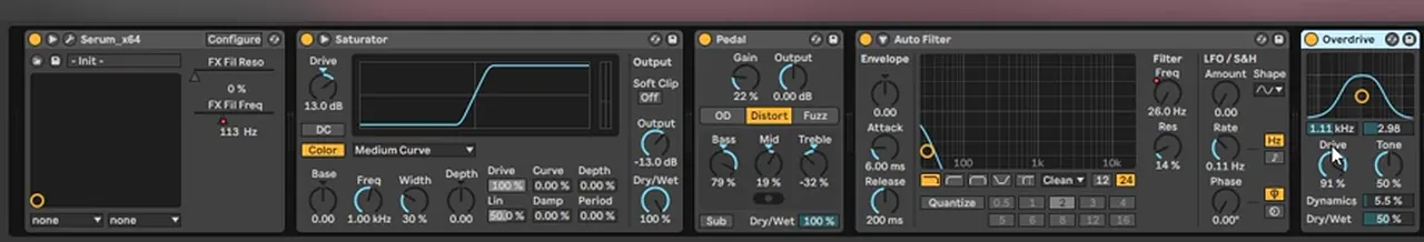 Ableton Live device chain for a Monrroe-style second bass: Serum, Saturator with 13 dB drive and -13 dB output on Medium Curve, Pedal on Distort, Auto Filter low-pass 24 and Overdrive with 91% drive and 5.5% dynamics
