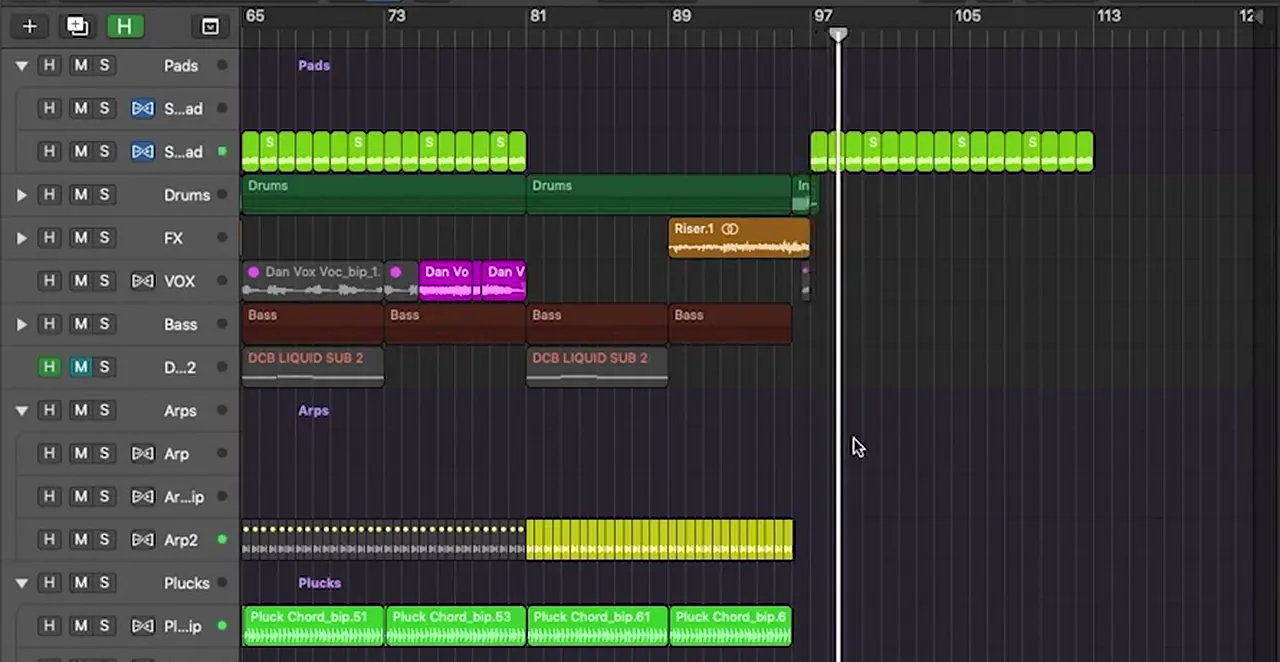 Logic Pro dancefloor DnB arrangement from bar 65 to 113: drums, bass, arps and lead until bar 97, a riser, then a breakdown with pads only