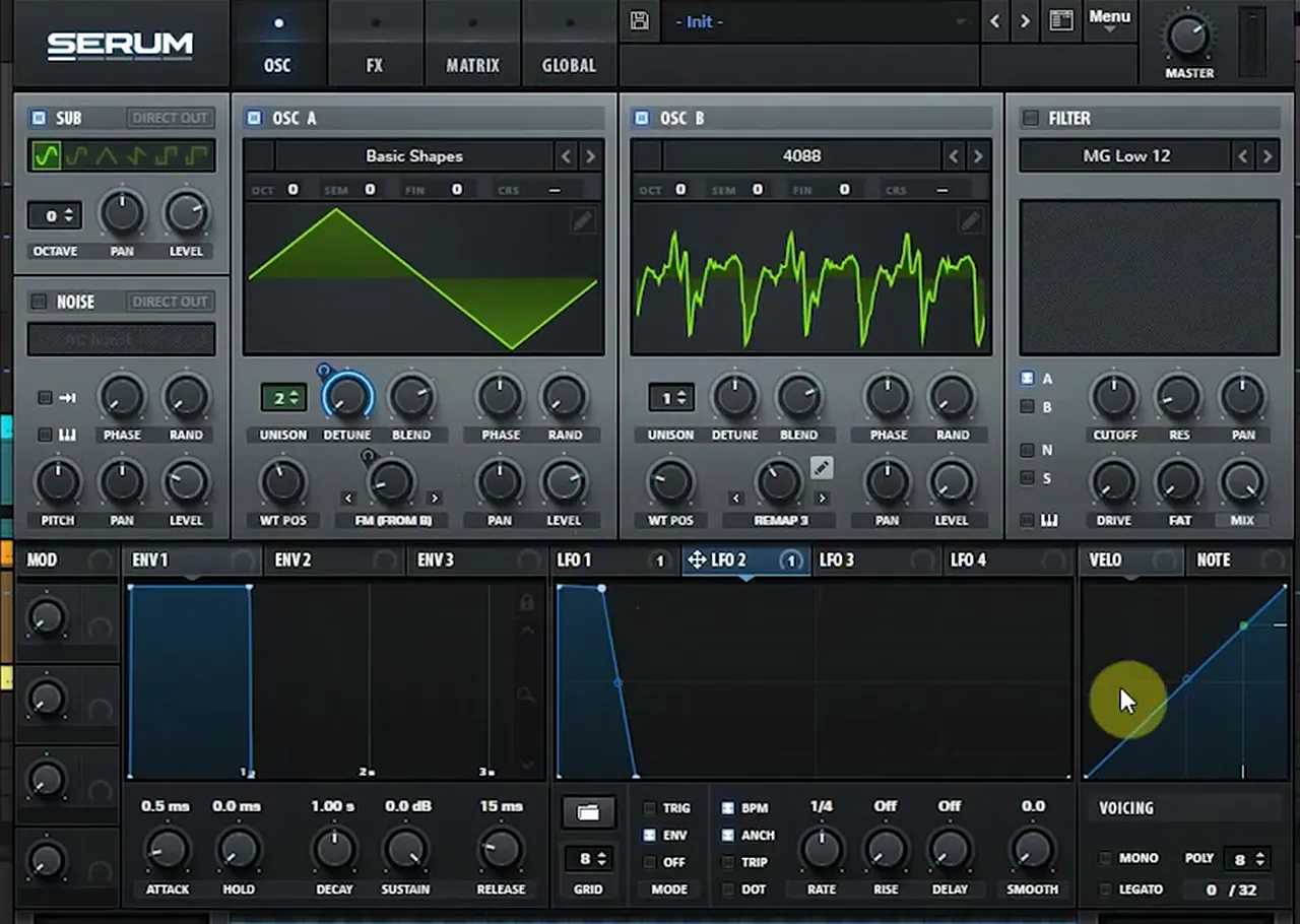 Serum response bass: triangle on oscillator A with 2 unison voices, sub oscillator on with a sine, LFO 2 in envelope mode with a short decaying shape modulating the unison detune