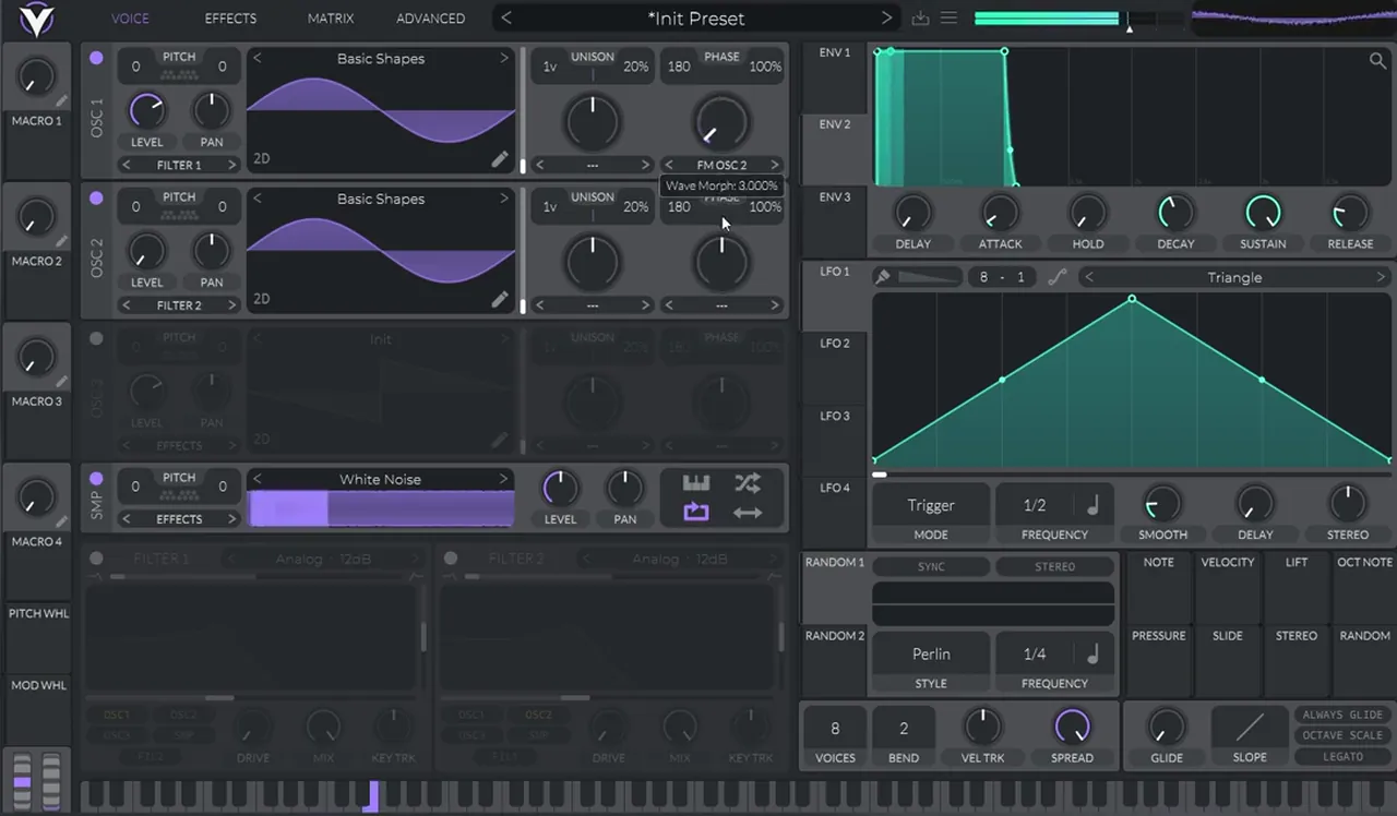 Vital oscillator 1 set to FM OSC 2 with the amount at 3 percent, oscillator 2 level turned down, for a future DnB noise bass