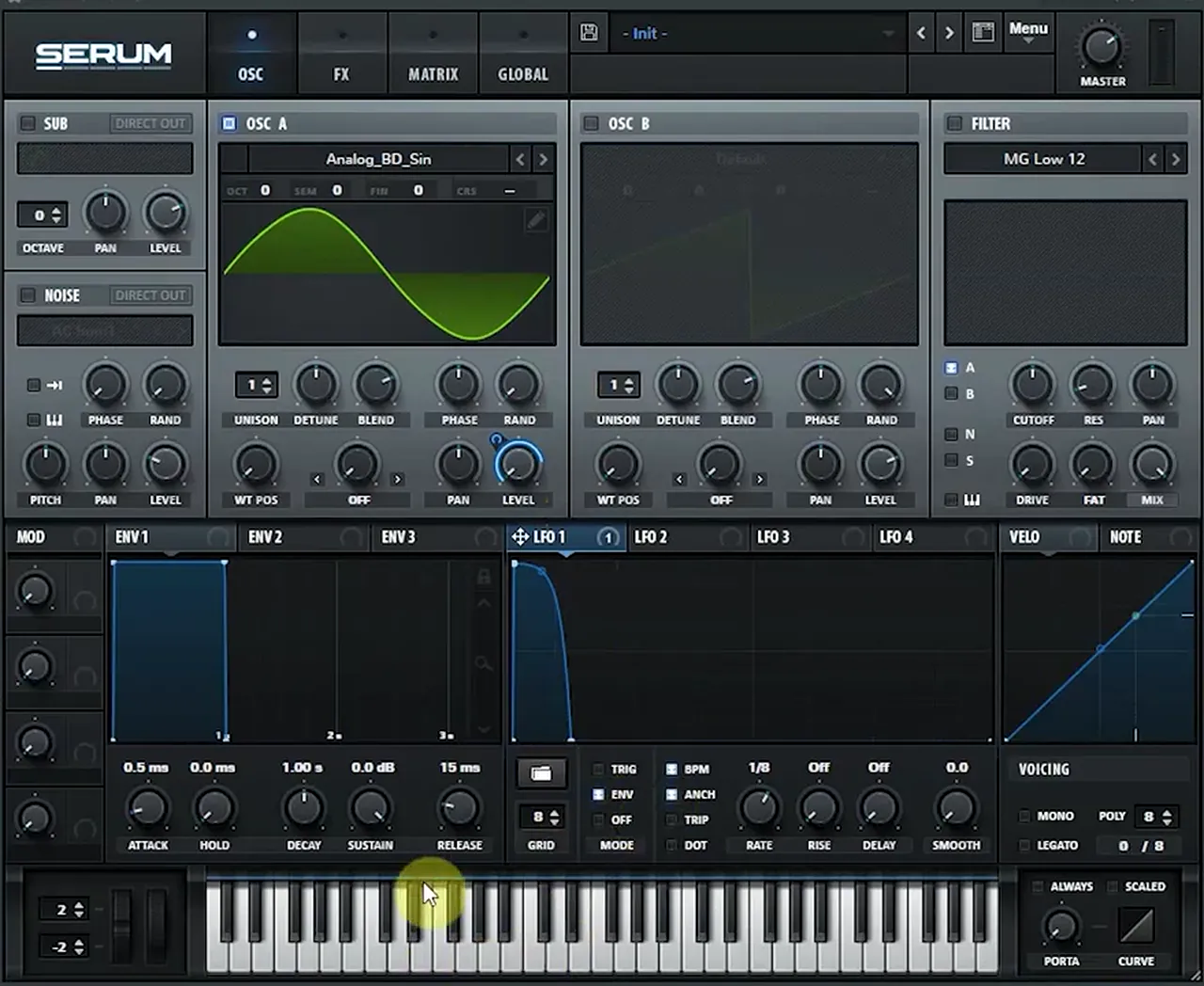 Serum drum and bass snare: Osc A on the Analog_BD_Sin sine wavetable with LFO 1 in envelope mode at 1/8 as a very short amp envelope