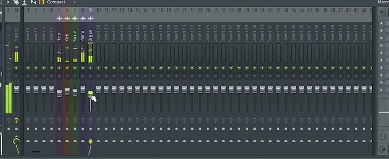FL Studio mixer with named drum, piano and organ channels balanced by gain staging