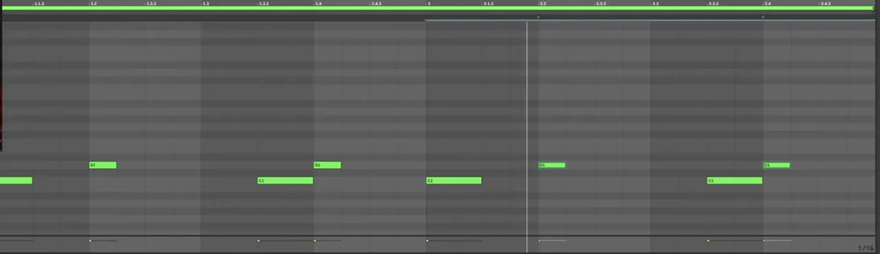 Ableton piano roll with a two-step drum and bass pattern: kick on beat 1 and the and of beat 3, snare on beats 2 and 4