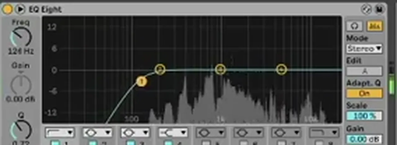 Ableton EQ Eight high-pass filter at about 124 Hz on a DnB lead vocal, placed before the compressor