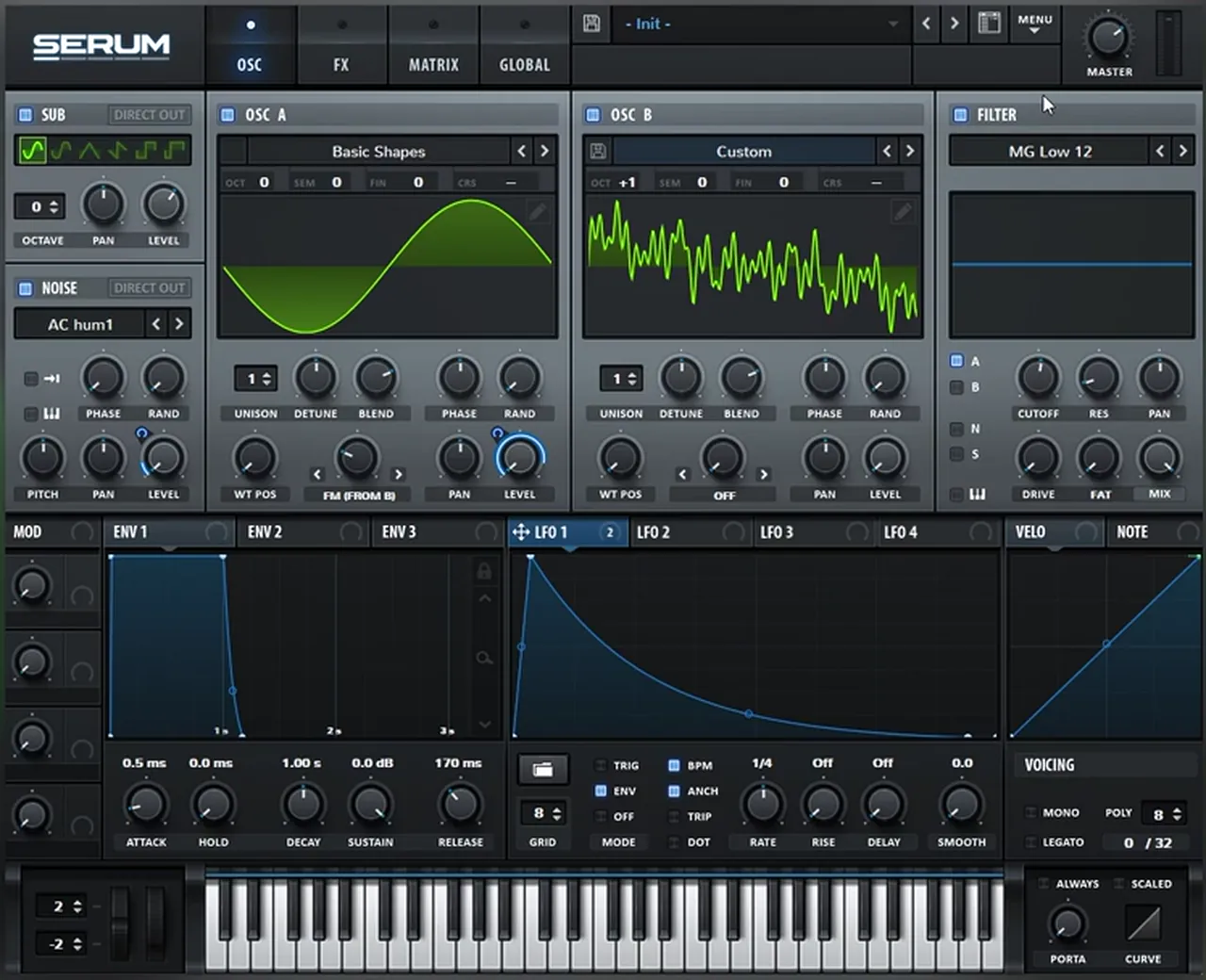 Final Serum patch for a bass like Buunshin Acolyte: sine on oscillator A with FM from B, oscillator B one octave up with custom harmonics, sub, AC hum noise, MG Low 12 filter and LFO 1 envelope