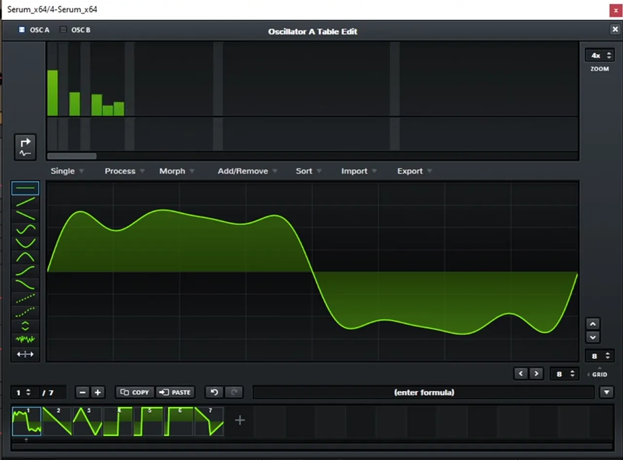 Serum wavetable editor for a techy DnB bass like Break: harmonic levels drawn in the bar graph above a custom waveform, in a 7-frame table