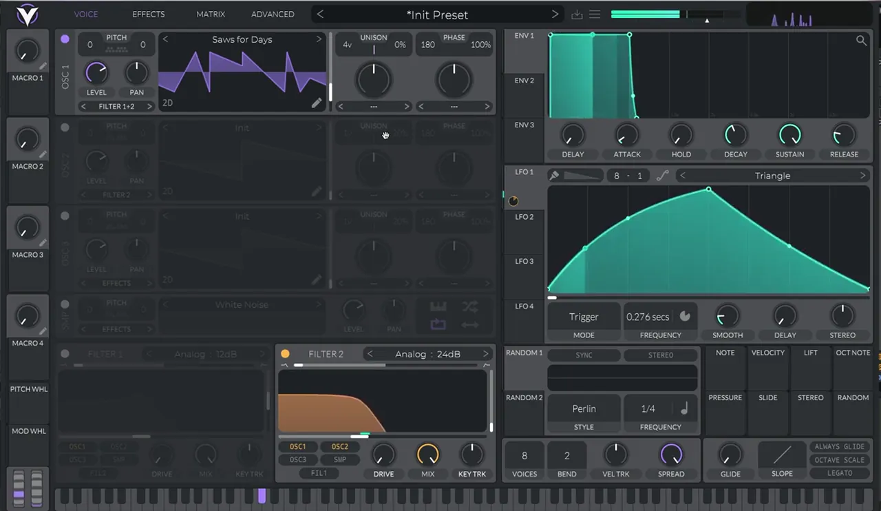 Vital oscillator 1 with the Saws for Days wavetable, 4 unison voices at 0 percent detune, filter 2 on Analog 24dB and LFO 1 in Trigger mode, for a bass like Bou and Mark XTC Breathe