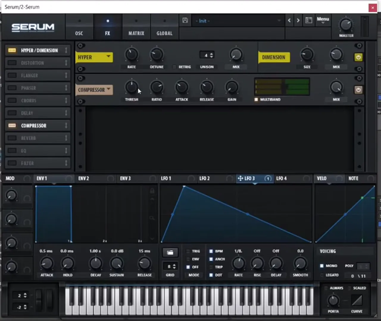 Serum FX rack with Hyper/Dimension and the Compressor enabled on a deep minimal bass