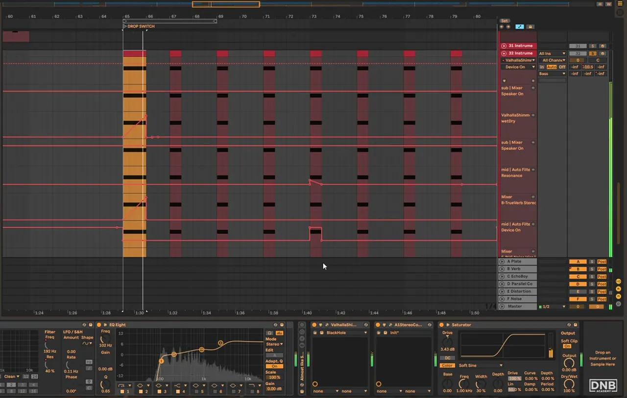 Automation lanes on the All Systems bass in the drop switch: shimmer reverb wet/dry, sub mixer, Auto Filter resonance and device on/off, with EQ Eight, ValhallaShimmer, A1StereoControl and Saturator on the chain