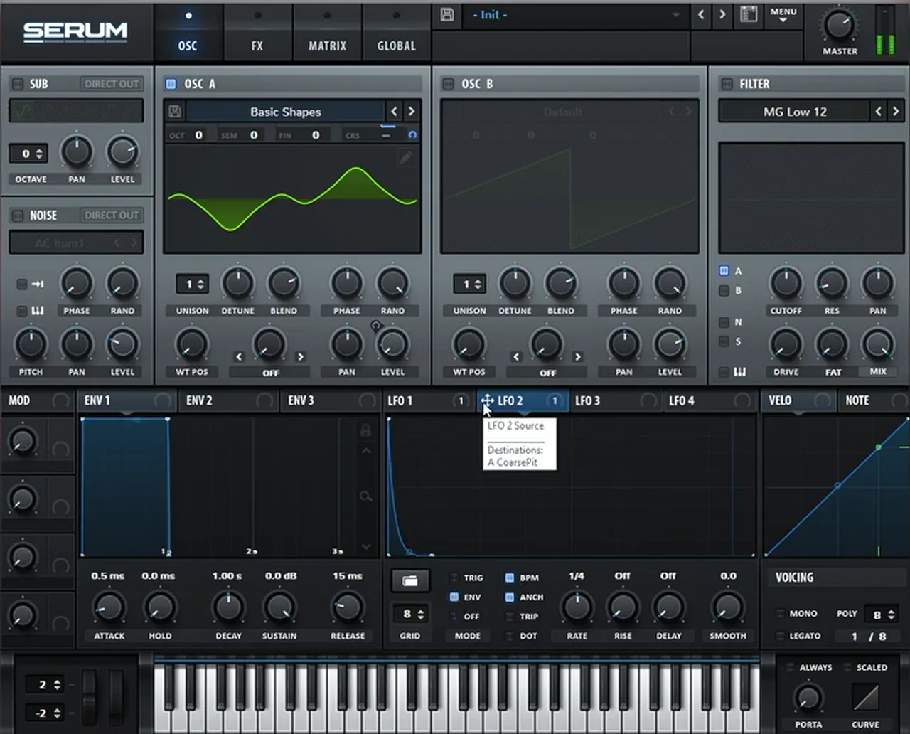 Serum LFO 2 in envelope mode with a very short falling curve mapped to Oscillator A coarse pitch to add a transient to a deep minimal drum and bass bass stab