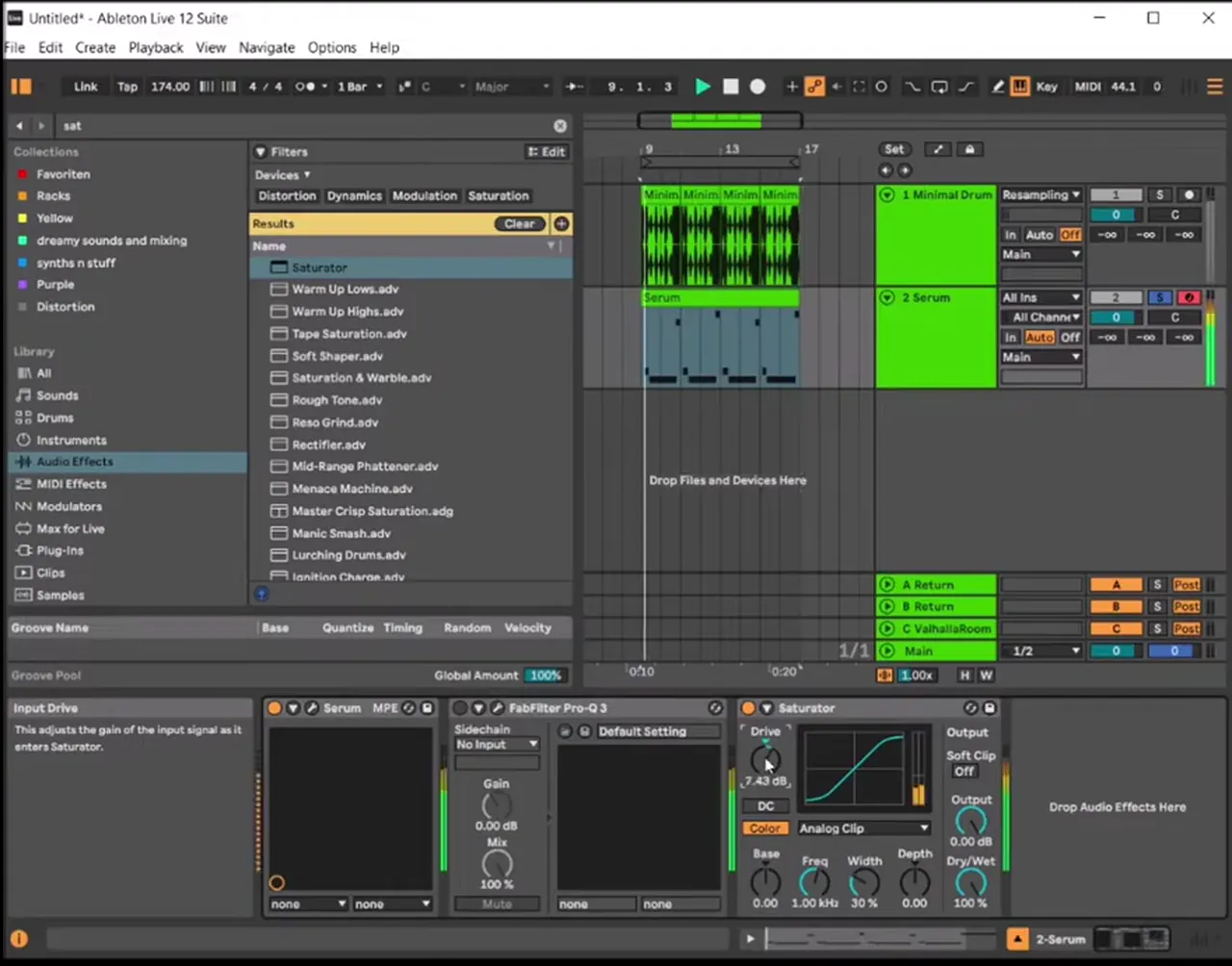 Ableton Live Saturator on Analog Clip after Serum, driving a deep minimal drum and bass bassline